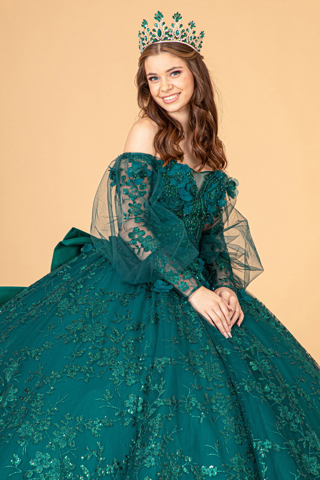 Glitter Print Puff Sleeve Ball Gown by Elizabeth K GL3071