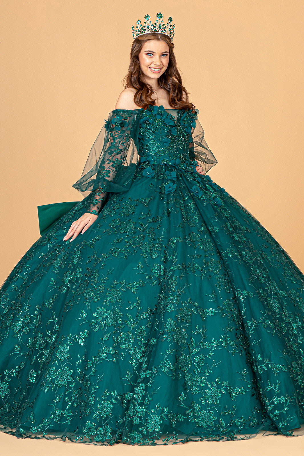 Glitter Print Puff Sleeve Ball Gown by Elizabeth K GL3071