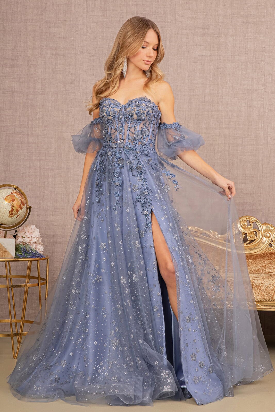 silver puff sleeve dress Puff-Sleeve Long Glitter-Print Prom Dress