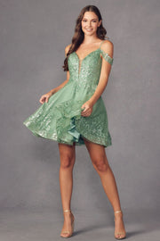 Glitter Print Short Cold Shoulder A-line Dress by Juliet 903