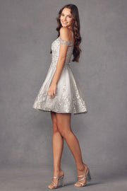 Glitter Print Short Cold Shoulder A-line Dress by Juliet 903