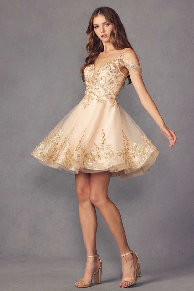 Glitter Print Short Cold Shoulder A-line Dress by Juliet 903