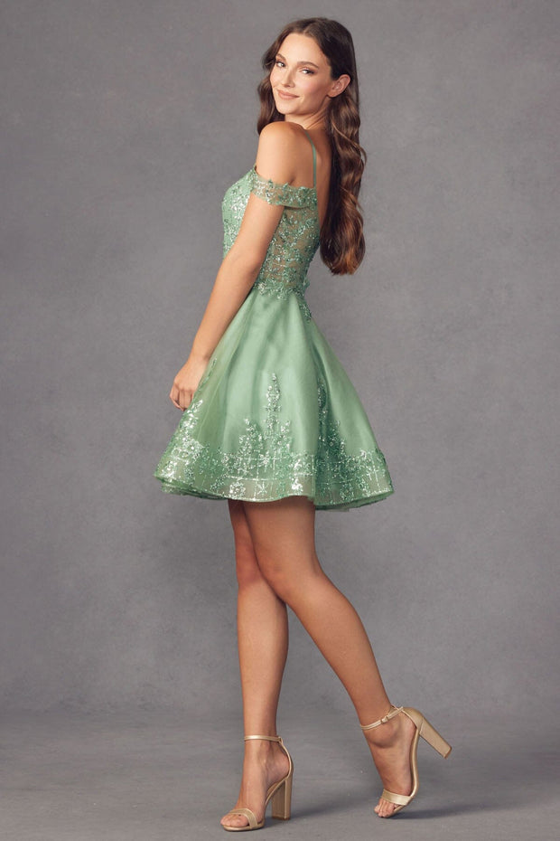 Glitter Print Short Cold Shoulder A-line Dress by Juliet 903