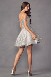 Glitter Print Short Cold Shoulder A-line Dress by Juliet 903