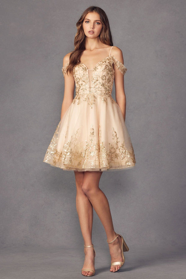 Glitter Print Short Cold Shoulder A-line Dress by Juliet 903