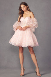 Glitter Print Short Puff Sleeve A-line Dress by Juliet 895