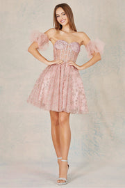 Glitter Print Short Puff Sleeve Corset Dress by Adora 1028