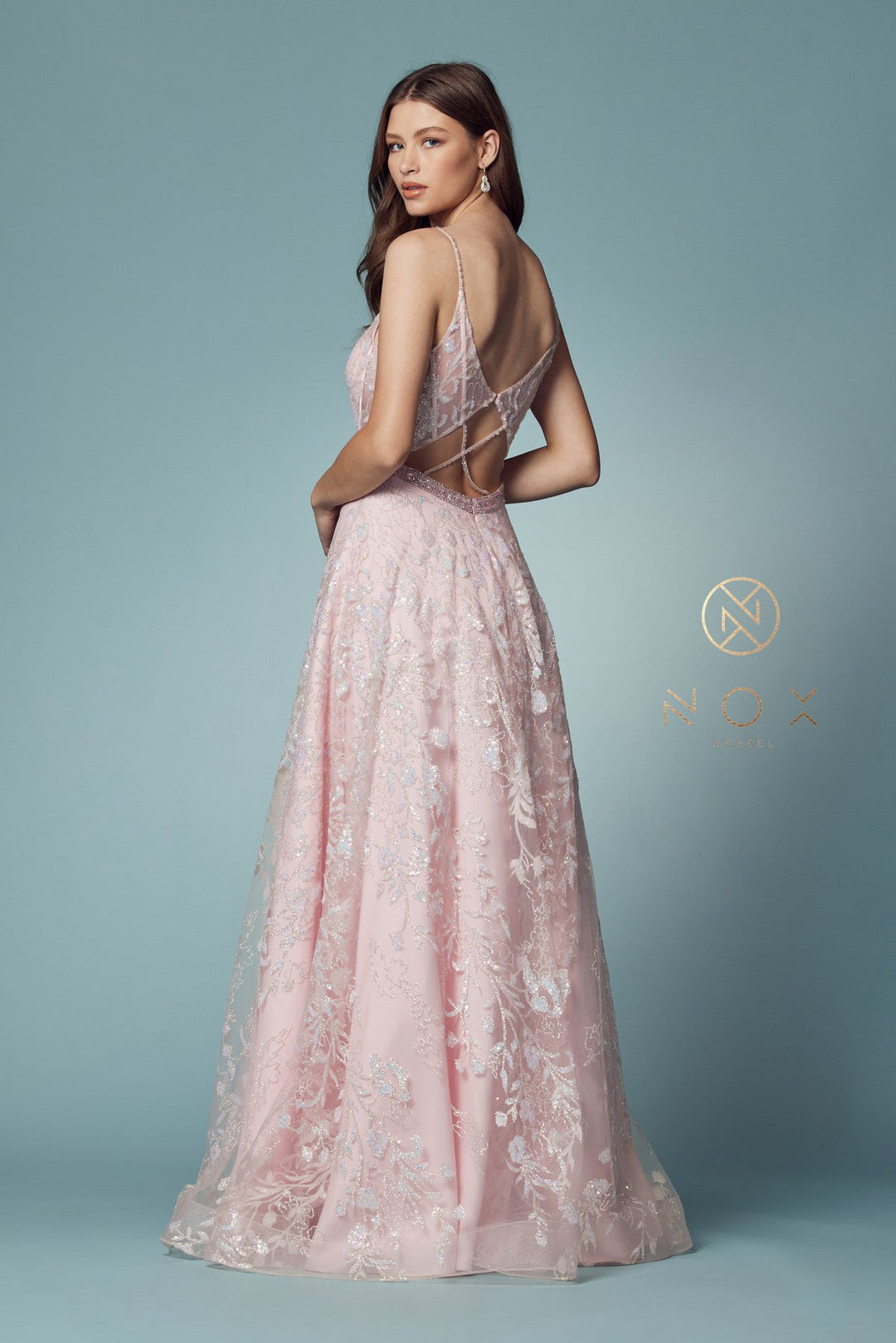 Glitter Print Sleeveless A-line Gown by Nox Anabel T1011