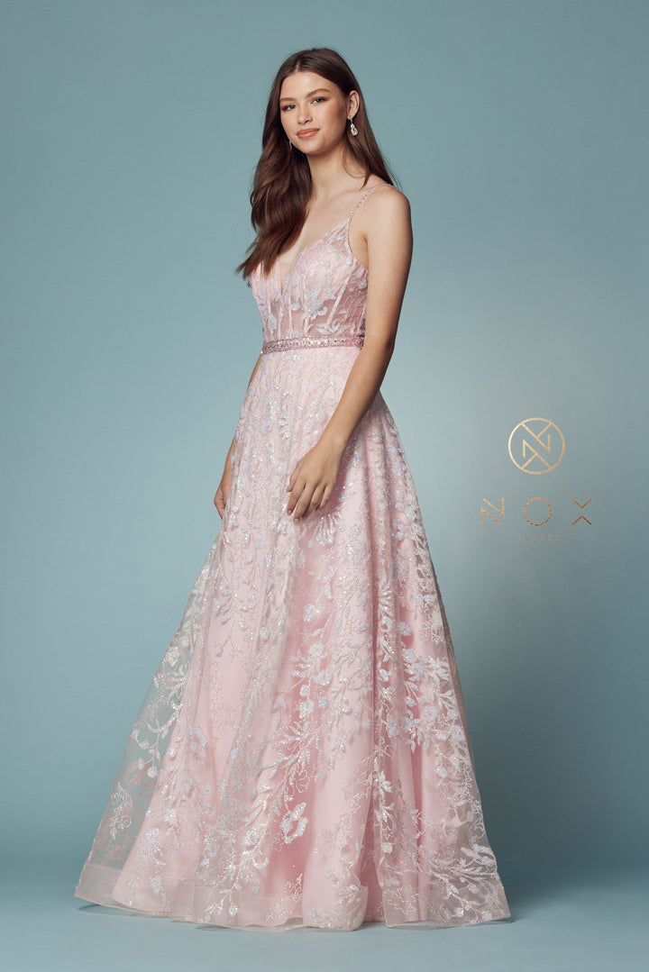 Glitter Print Sleeveless A-line Gown by Nox Anabel T1011