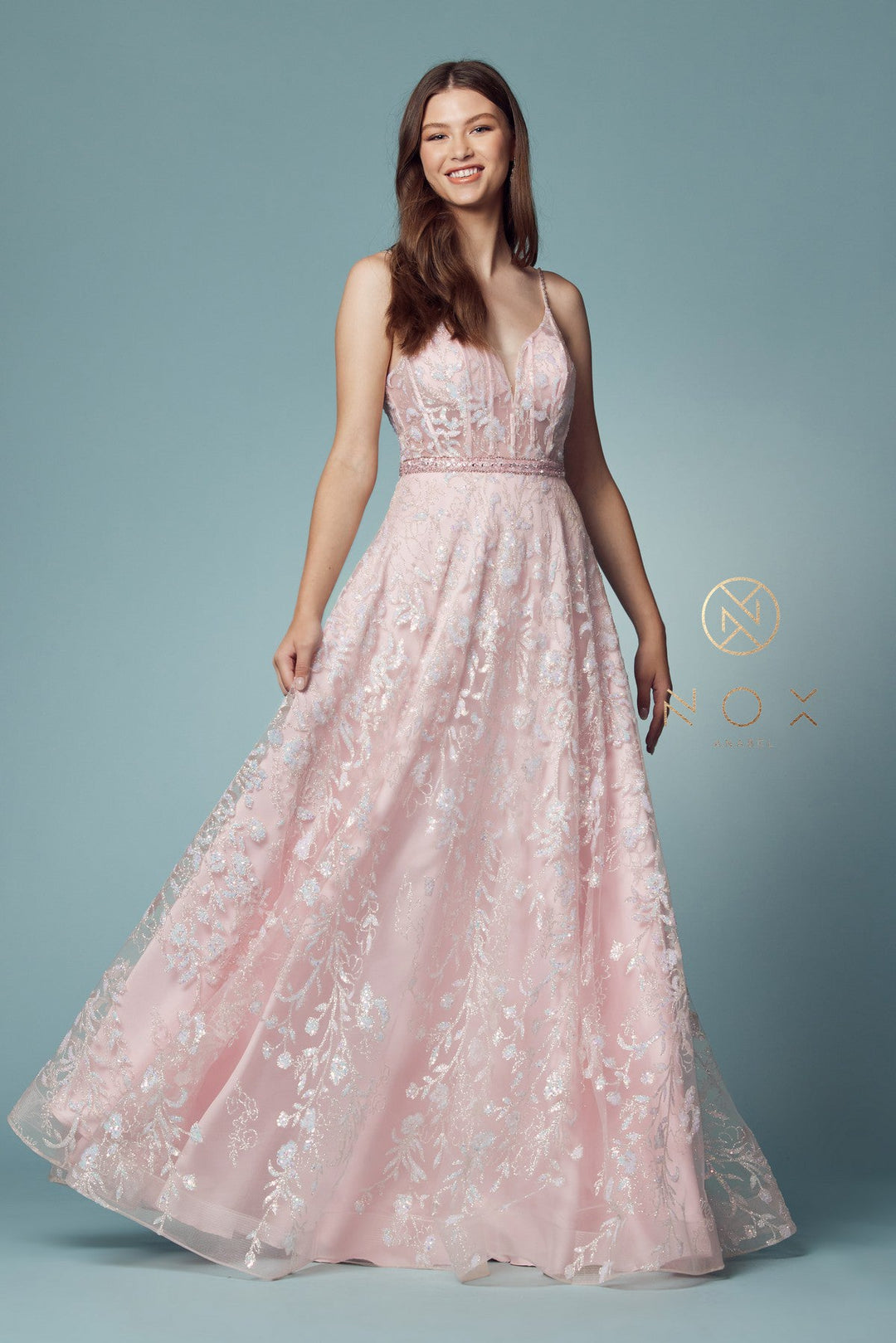 Glitter Print Sleeveless A-line Gown by Nox Anabel T1011