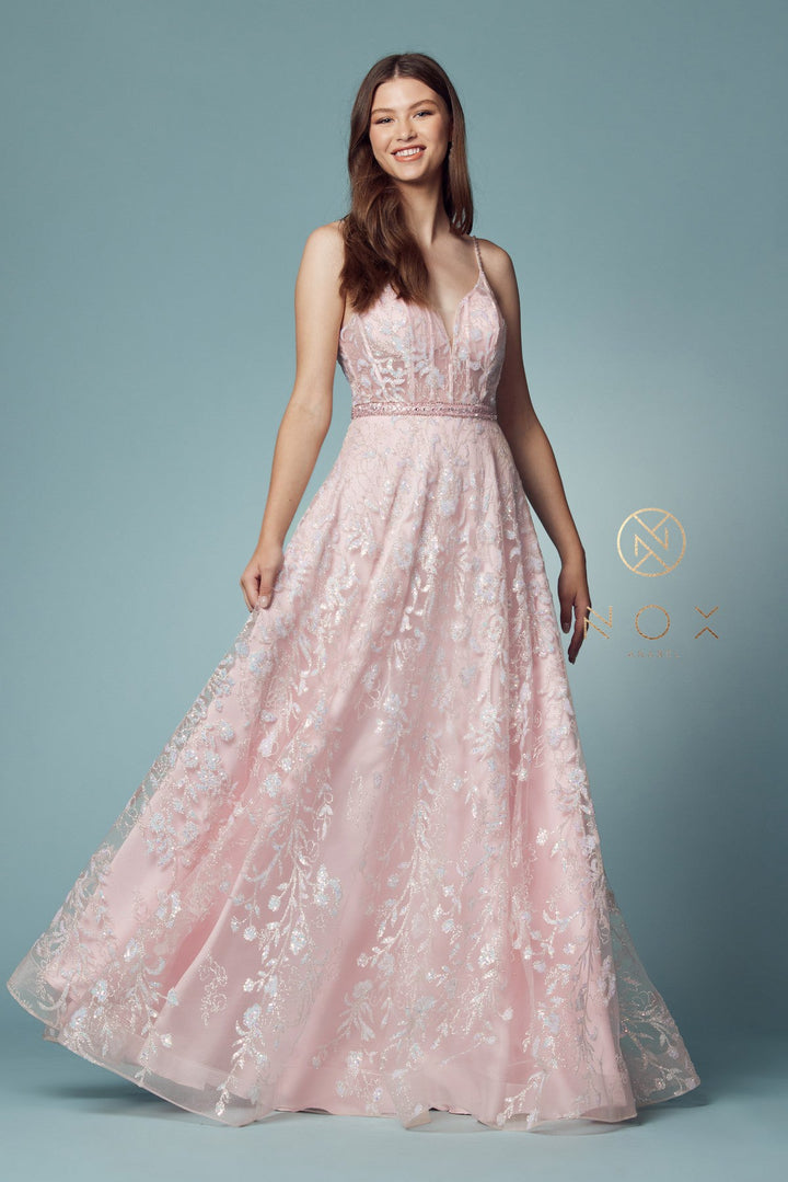 Glitter Print Sleeveless A-line Gown by Nox Anabel T1011