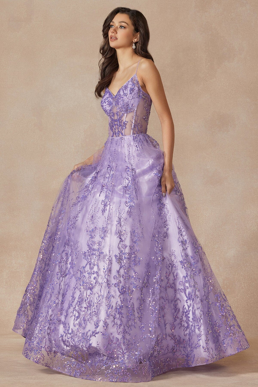 Glitter Print Sleeveless Corset Gown by Juliet 2414