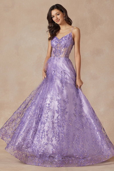 Glitter Print Sleeveless Corset Gown by Juliet 2414