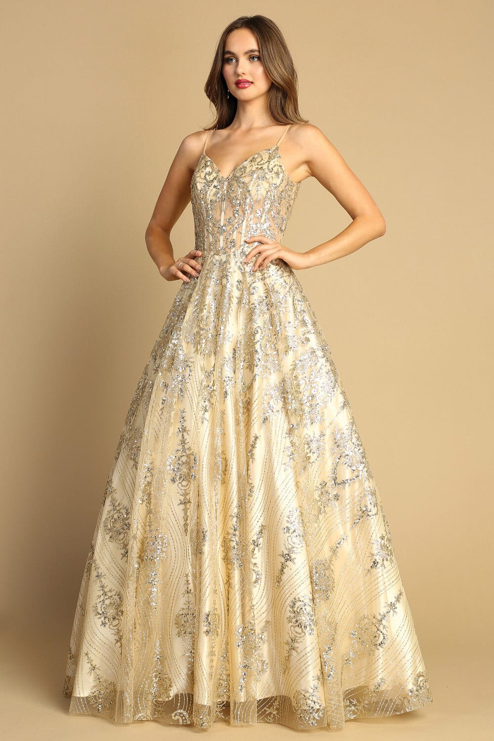 Glitter Print Sleeveless V-Neck Gown by Adora 3141