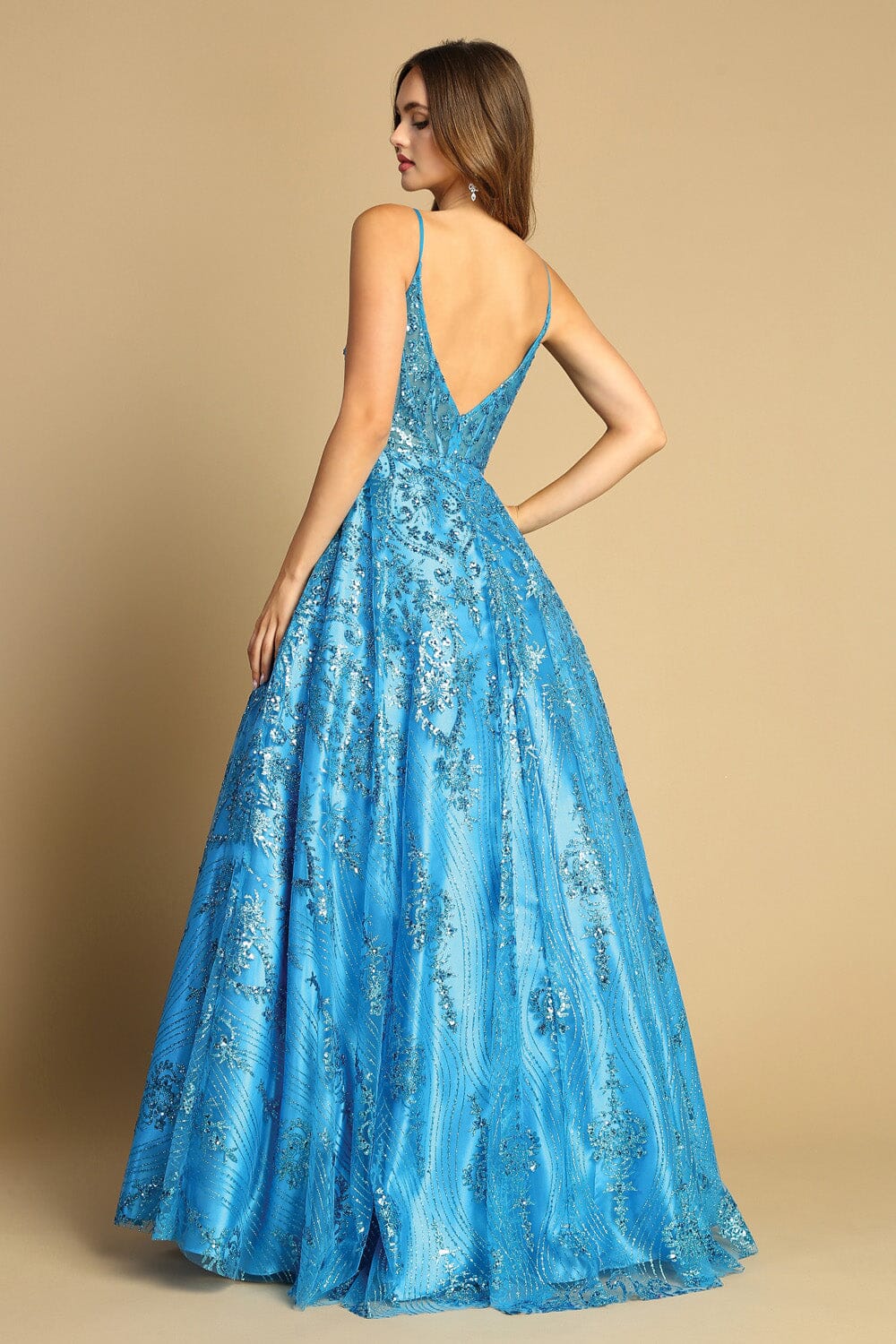 Glitter Print Sleeveless V-Neck Gown by Adora 3141