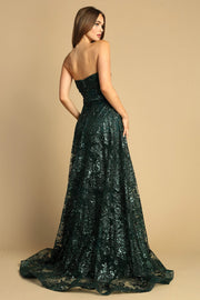 Glitter Print Strapless Overskirt Gown by Adora 3107G