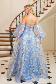 Glitter Print Strapless Puff Sleeve Slit Gown by Adora 3096