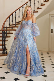 Glitter Print Strapless Puff Sleeve Slit Gown by Adora 3096