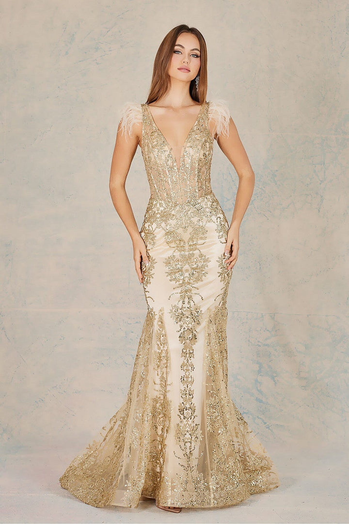 Glitter Print V-Neck Feather Mermaid Dress by Adora 3148