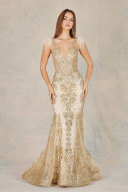 Glitter Print V-Neck Feather Mermaid Dress by Adora 3148