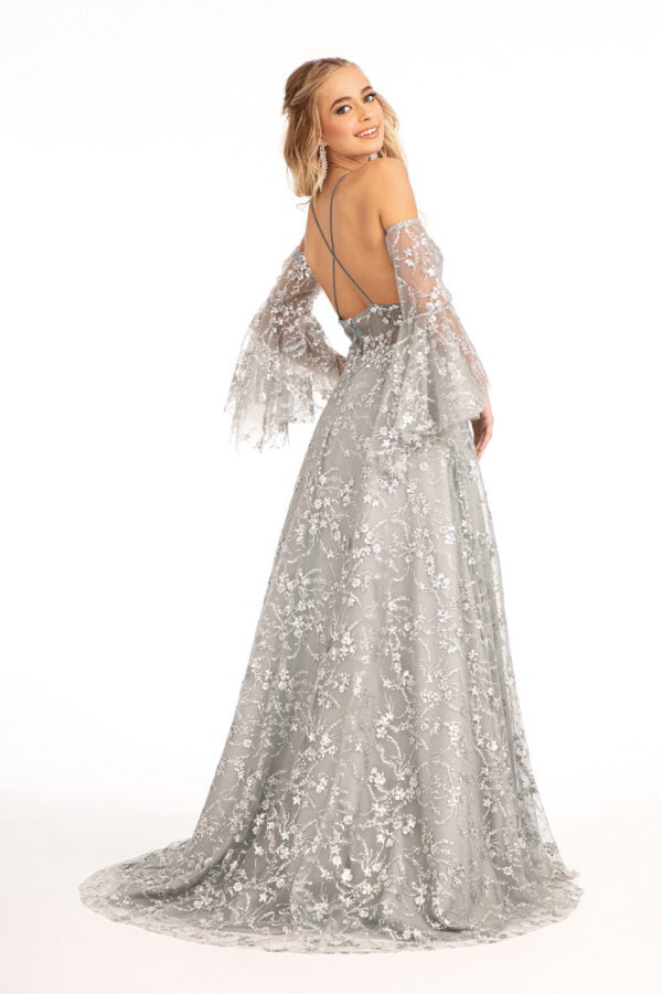 Glitter Print V-Neck Gown by Elizabeth K GL3002