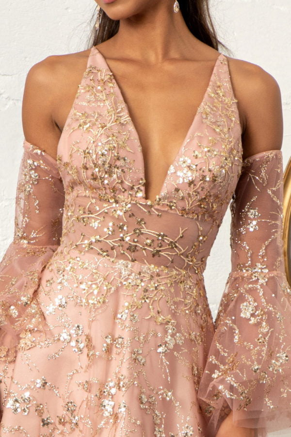 Glitter Print V-Neck Gown by Elizabeth K GL3002