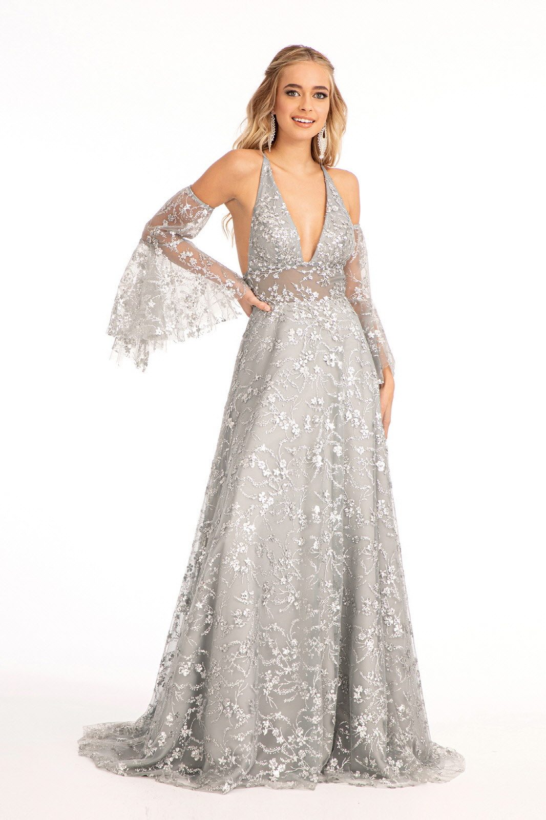 Glitter Print V-Neck Gown by Elizabeth K GL3002