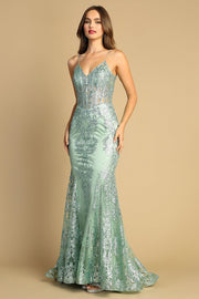 Glitter Print V-Neck Mermaid Dress by Adora 3053N