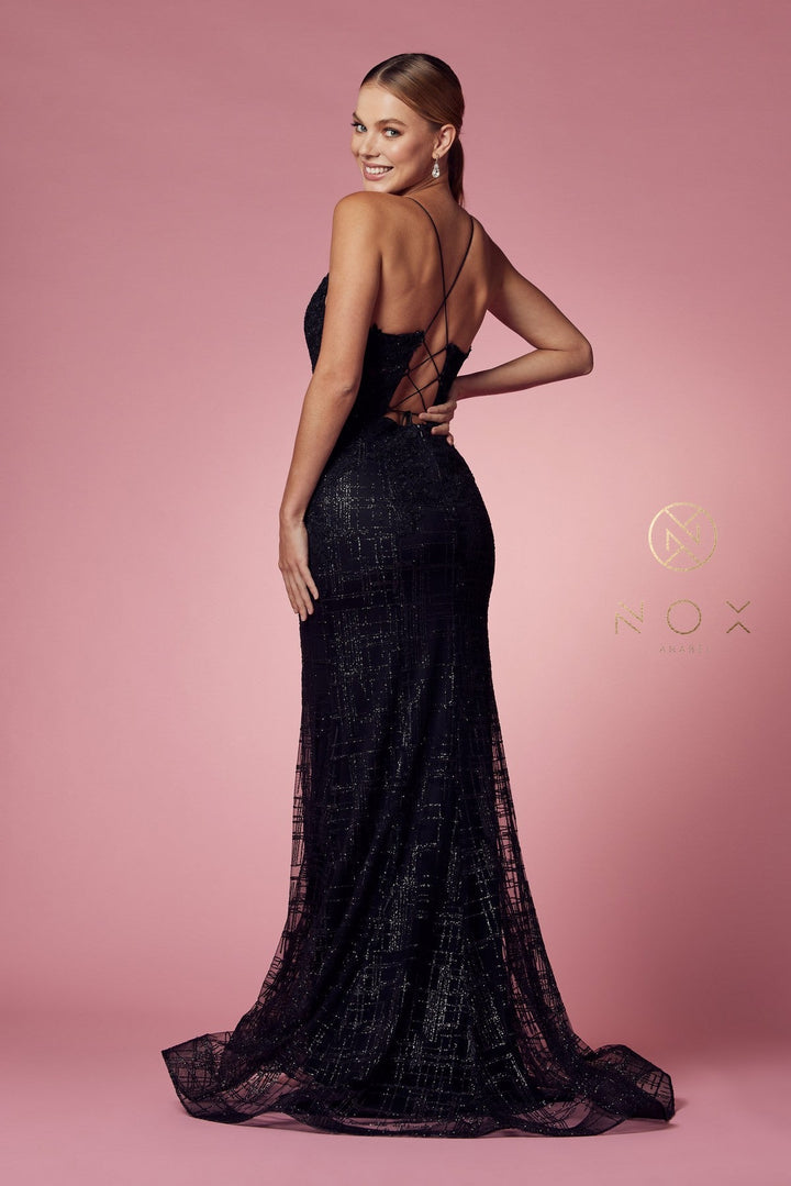 Glitter Print V-Neck Mermaid Dress by Nox Anabel R282-1