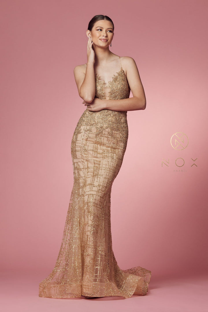 Glitter Print V-Neck Mermaid Dress by Nox Anabel R282-1