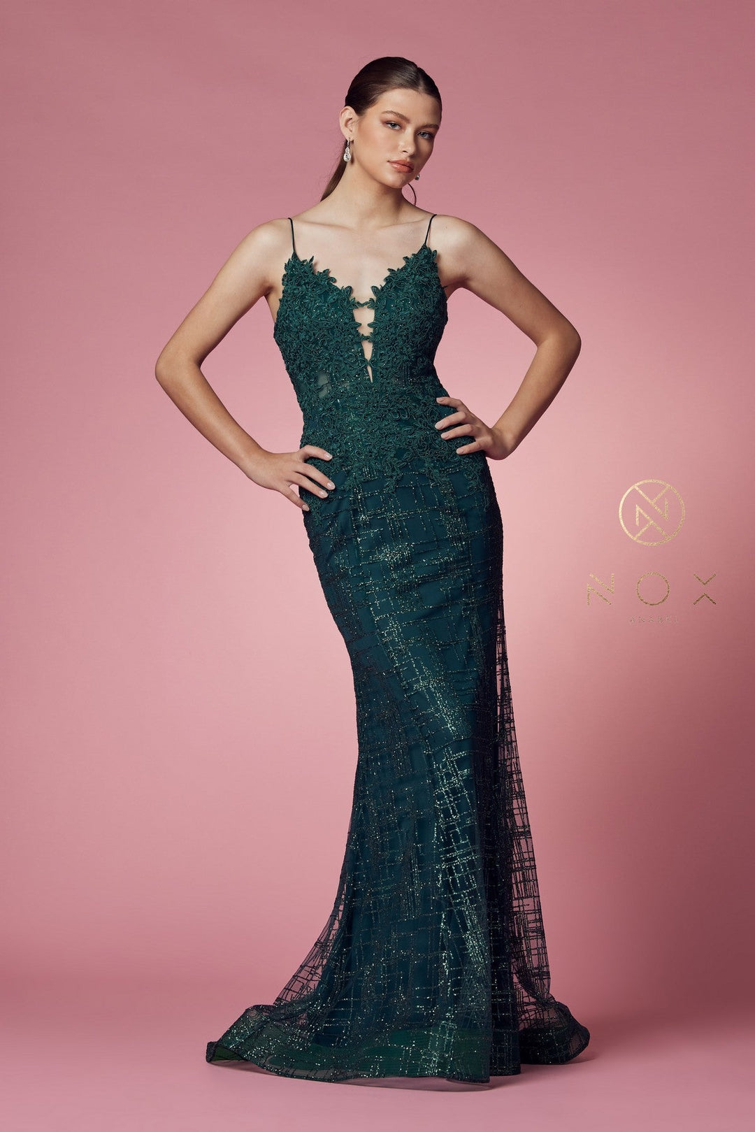 Glitter Print V-Neck Mermaid Dress by Nox Anabel R282-1