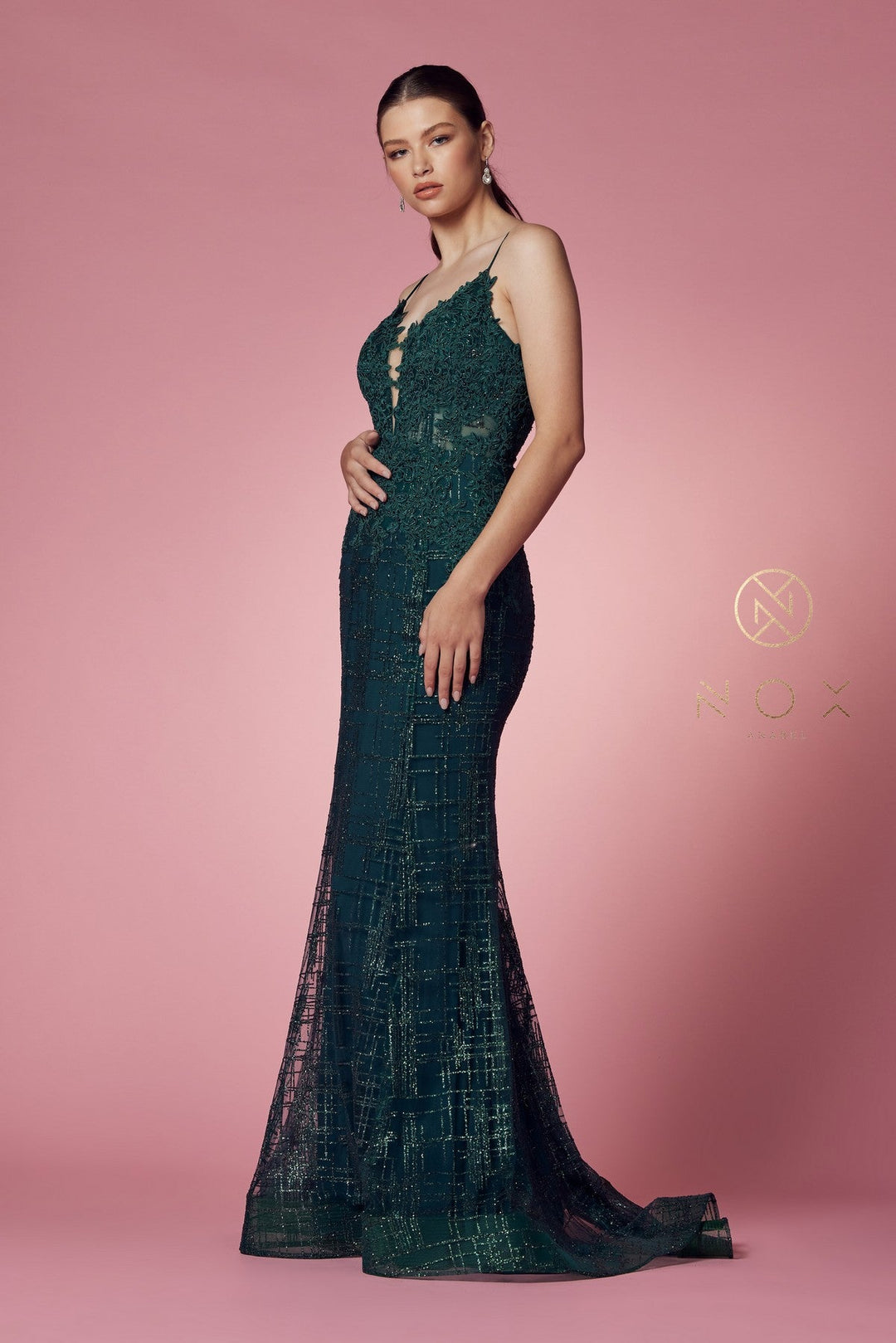 Glitter Print V-Neck Mermaid Dress by Nox Anabel R282-1