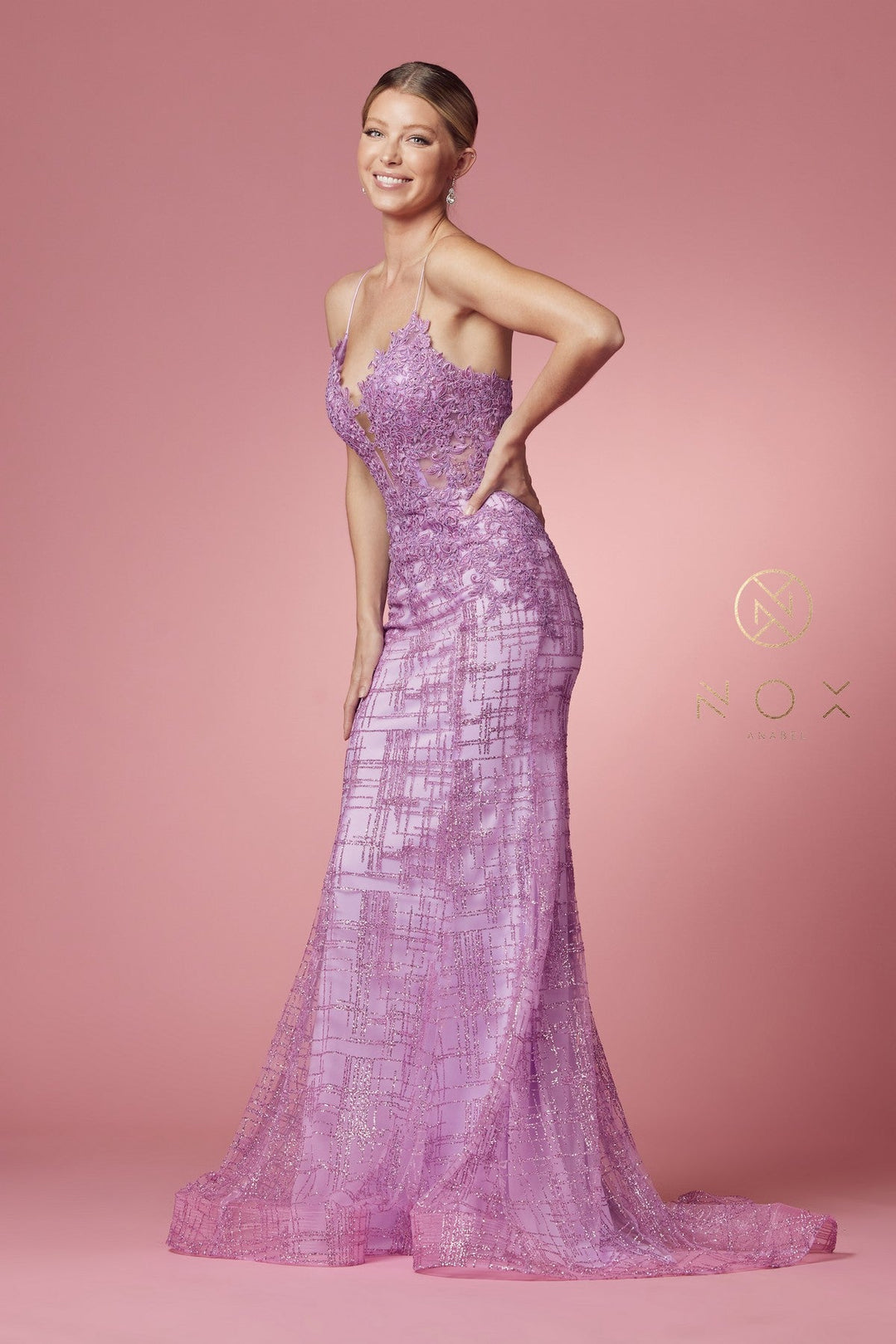 Glitter Print V-Neck Mermaid Dress by Nox Anabel R282-1