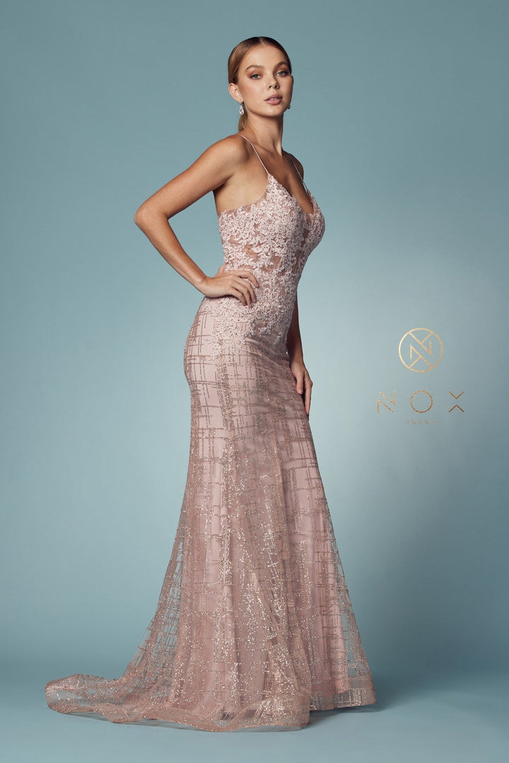 Glitter Print V-Neck Mermaid Dress by Nox Anabel R282-1