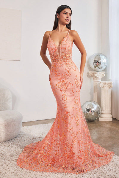Glitter Print V-Neck Mermaid Gown by Ladivine CC2189 - Outlet