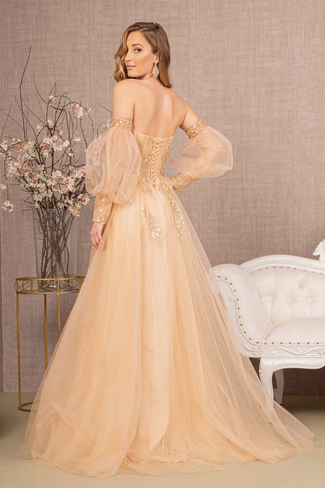 long dress puffy sleeves Puffy Sleeves Long Satin Slit Dress Lisposa