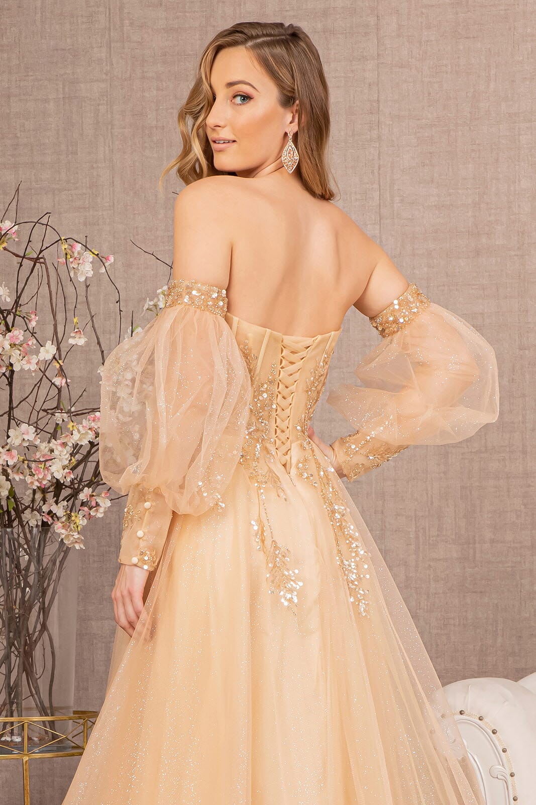 Glitter Puff Sleeve Slit Gown by GLS Gloria GL3118 XL / Light Gold Glitter Puff Sleeve Slit Gown by GLS Gloria GL3118 XL / Light Gold