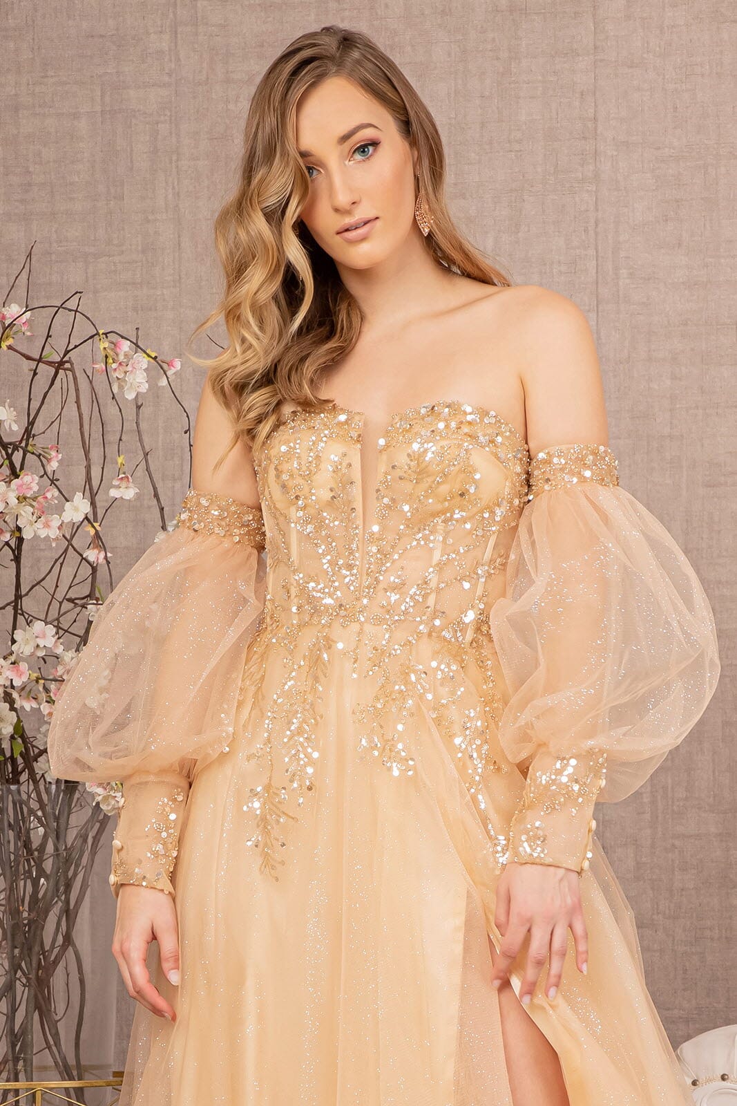 Glitter Puff Sleeve Slit Gown by GLS Gloria GL3118 XL / Light Gold Glitter Puff Sleeve Slit Gown by GLS Gloria GL3118 XL / Light Gold