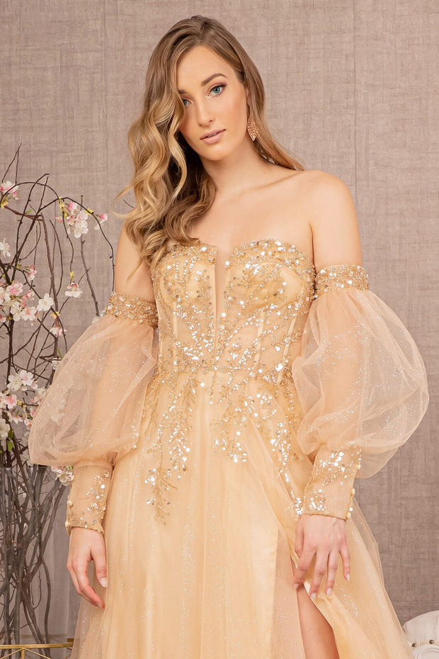 Glitter Puff Sleeve Slit Gown by GLS Gloria GL3118