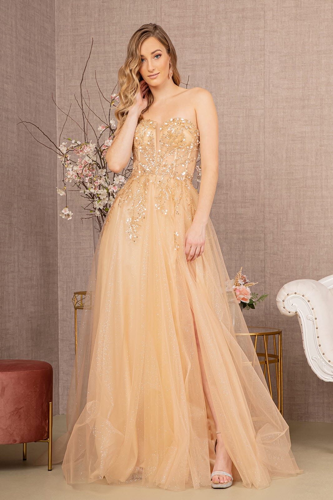 Glitter Puff Sleeve Slit Gown by GLS Gloria GL3118