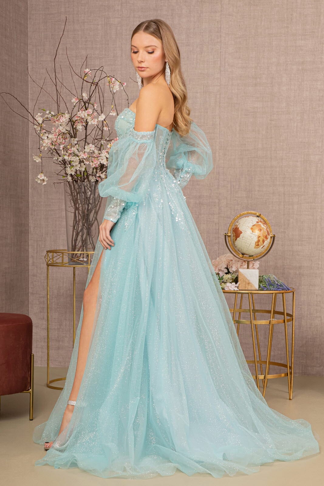 Glitter Puff Sleeve Slit Gown by GLS Gloria GL3118 XL / Light Gold Glitter Puff Sleeve Slit Gown by GLS Gloria GL3118 XL / Light Gold