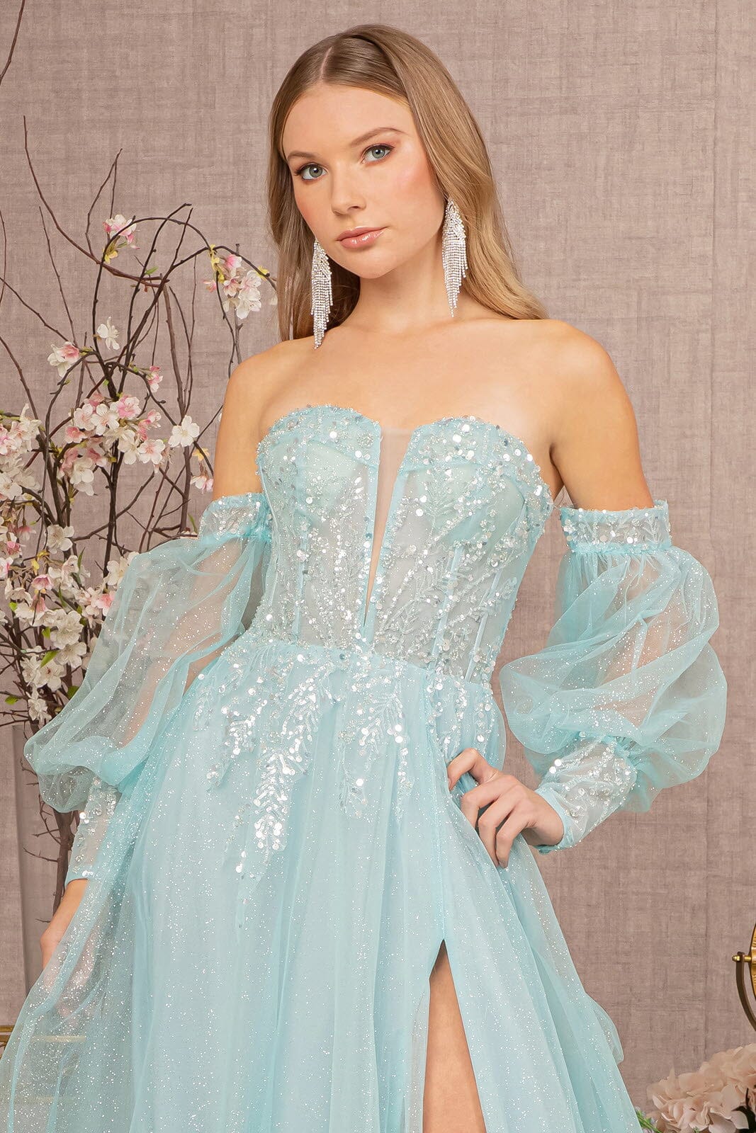 glitter puff sleeve dress Puff-Sleeve Strapless Glitter Prom Ball Gown 2409 Grey Purple / XSmall