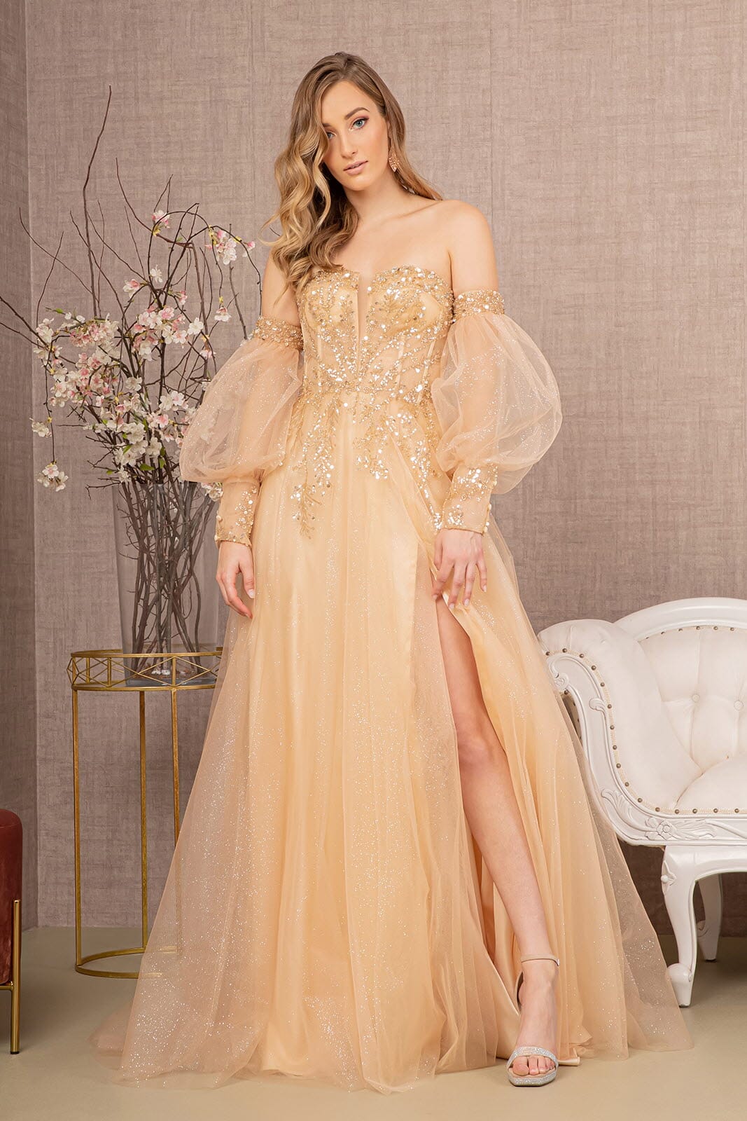 Glitter Puff Sleeve Slit Gown by GLS Gloria GL3118 XL / Light Gold Glitter Puff Sleeve Slit Gown by GLS Gloria GL3118 XL / Light Gold