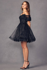 Glitter Short Off Shoulder Short Sleeve Dress by Juliet 886
