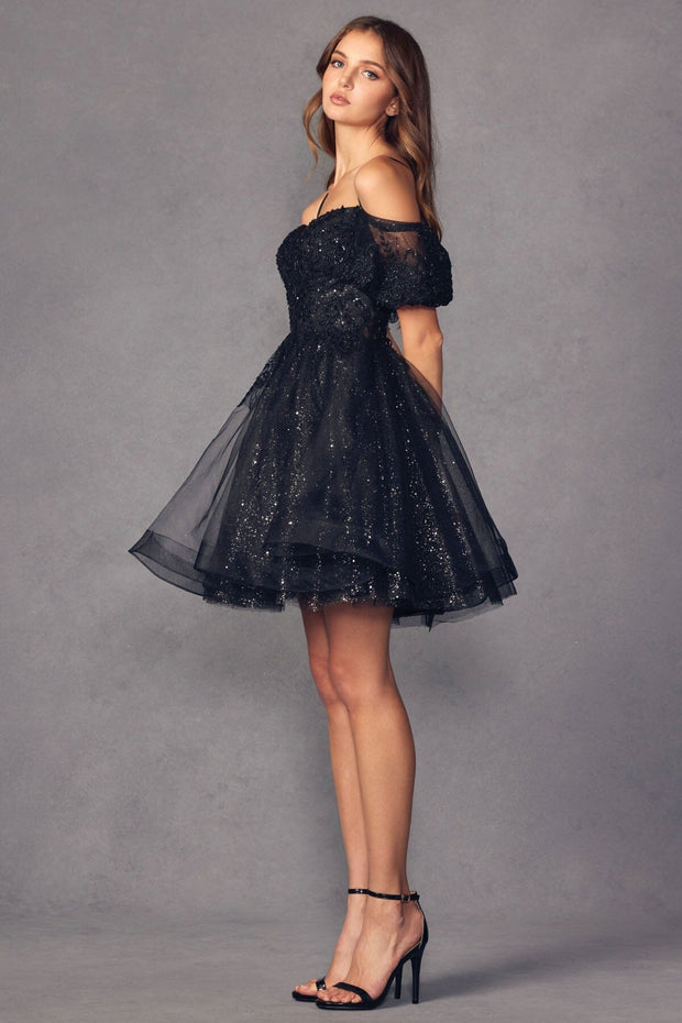 Glitter Short Off Shoulder Short Sleeve Dress by Juliet 886
