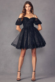 Glitter Short Off Shoulder Short Sleeve Dress by Juliet 886