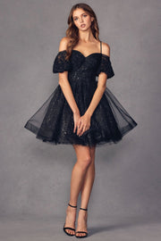 Glitter Short Off Shoulder Short Sleeve Dress by Juliet 886