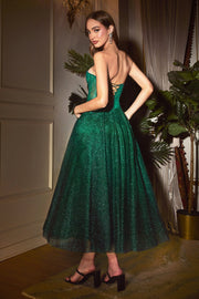 Glitter Strapless Corset Tea Length Dress by Ladivine CD275T