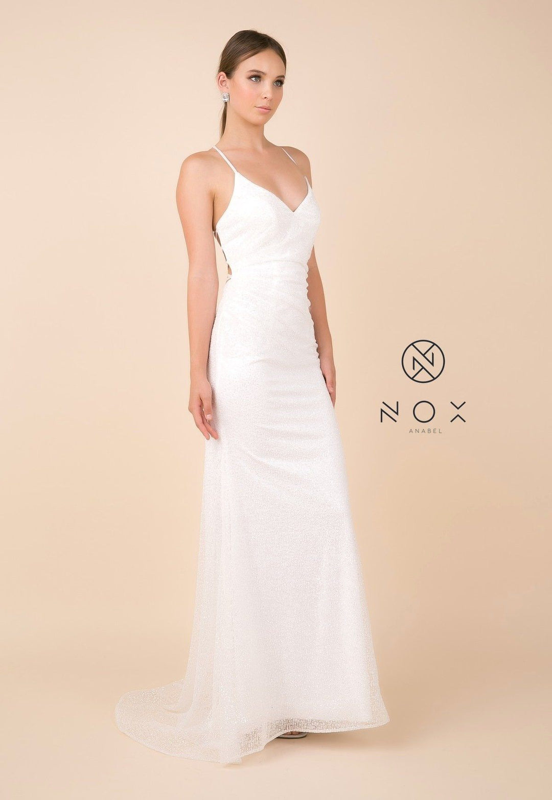 Glitter V-Neck Trumpet Dress with Open Back by Nox Anabel T290-Long Formal Dresses-ABC Fashion
