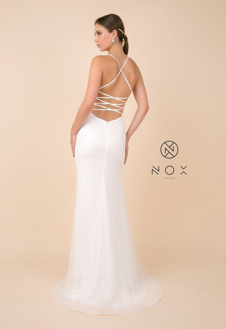 Glitter V-Neck Trumpet Dress with Open Back by Nox Anabel T290-Long Formal Dresses-ABC Fashion